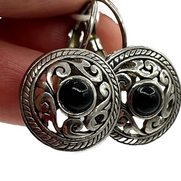 Vintage Jewelry - Vintage silver tone black dome center pierced earrings tribal chic western #23